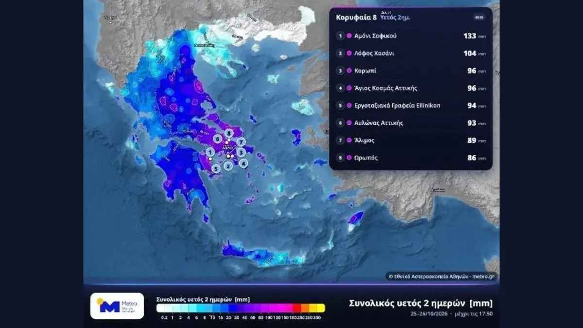 Χάρτης βροχόπτωσης του meteo.gr στην Αττική στις 25 και 26 Οκτωβρίου 2026